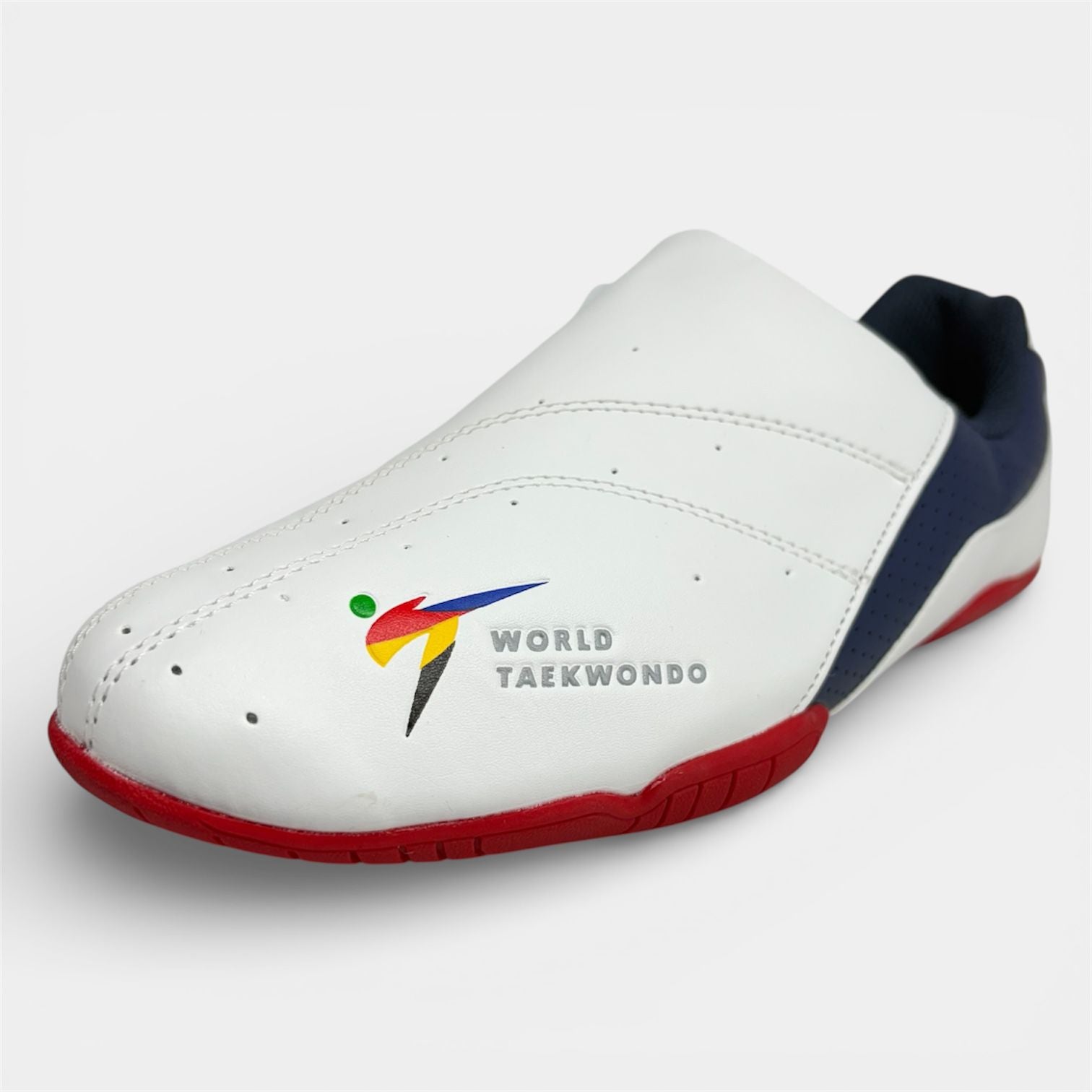 White taekwondo shoe with colorful logo on a light gray background