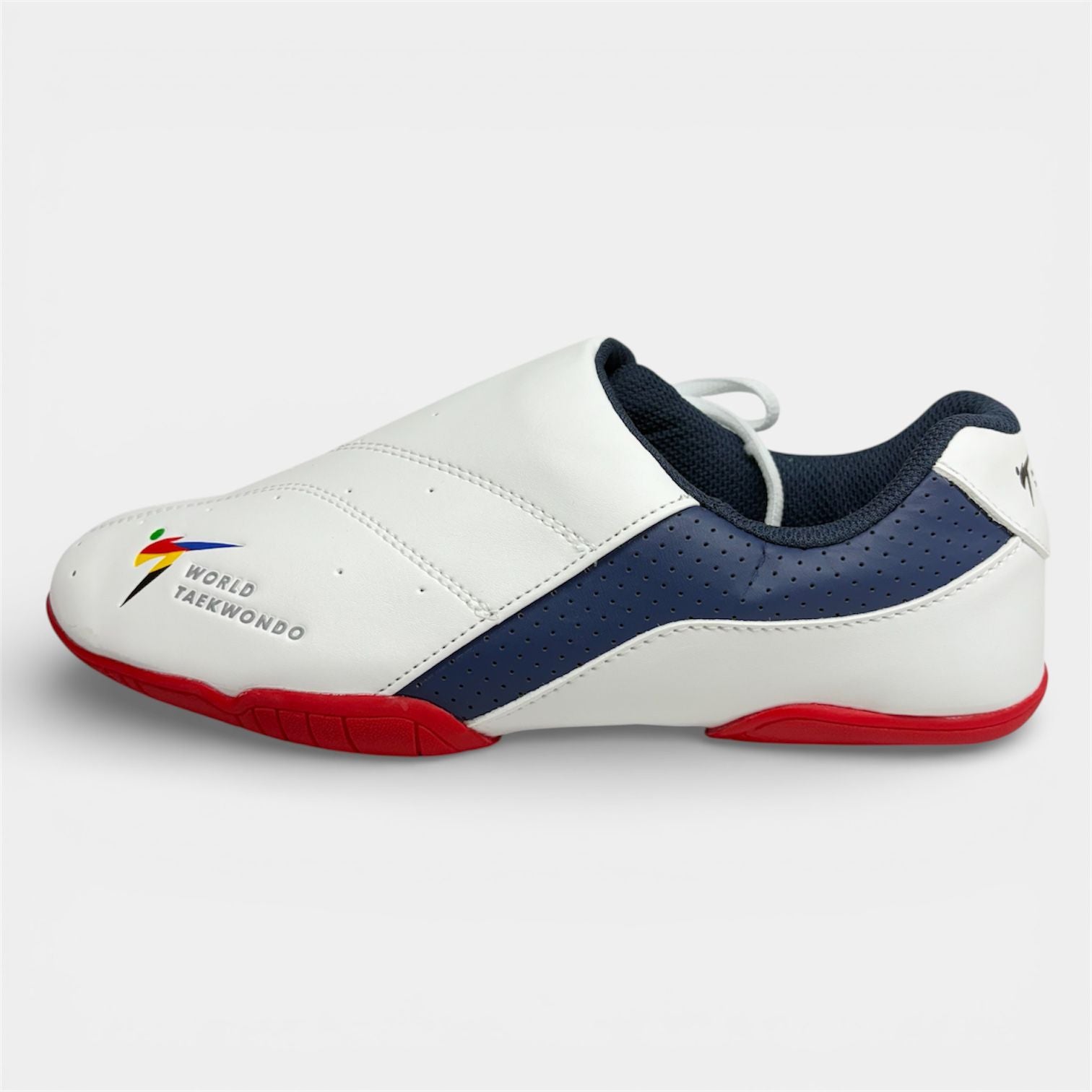 White taekwondo shoe with blue accents and red soles on a white background